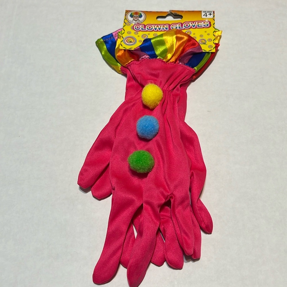 New Dress Up Costume Clown Gloves Hot Pink Rainbow Ruffles Pom Pom Ages 4+ (A)